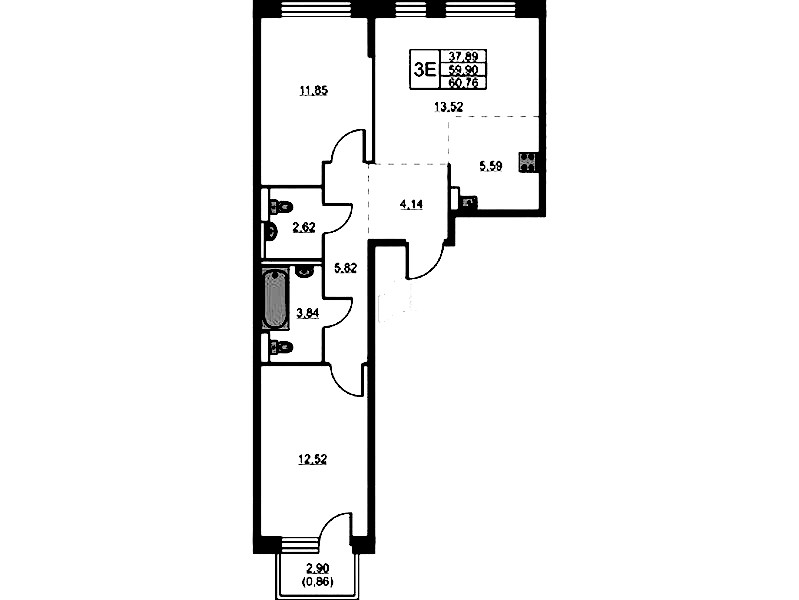 2-комнатная квартира 60.76 м², 12/16 эт., ЖК «Живи! В Рыбацком»